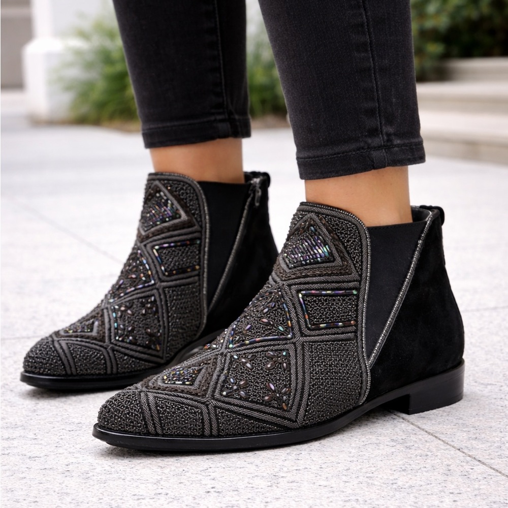 Meher Kakalia Embellished Beaded Black Suede Ankle Boots Size 37